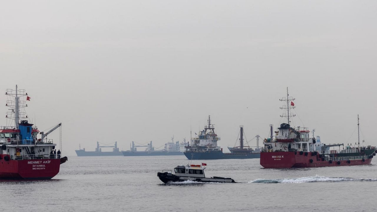 Commercial vessels part of Black Sea grain deal wait to pass the Bosphorus strait off the shores of Istanbul. Credit: Reuters Photo