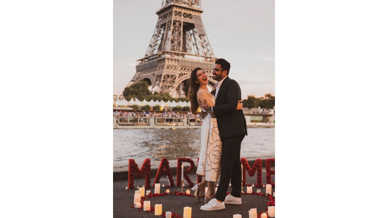 The 31-year-old actor shared a series of photographs of her marriage proposal with the Eiffel Tower in the background. Credit: Twitter/@IhansikaJ