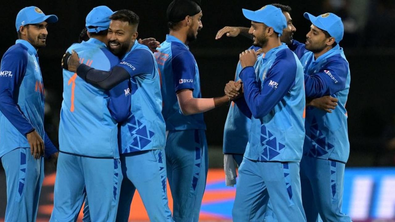 India's players celebrate their win during the ICC men's Twenty20 World Cup 2022 cricket match between India and Bangladesh on November 2, 2022 in Adelaide. Credit: AFP Photo
