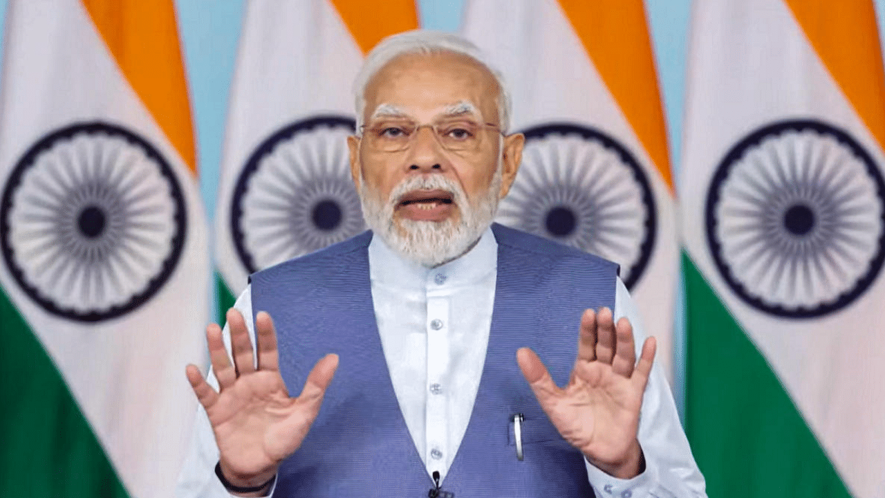 Prime Minister Narendra Modi addresses the inaugural function of ‘Invest Karnataka 2022’ in Bengaluru. Credit: PTI Photo