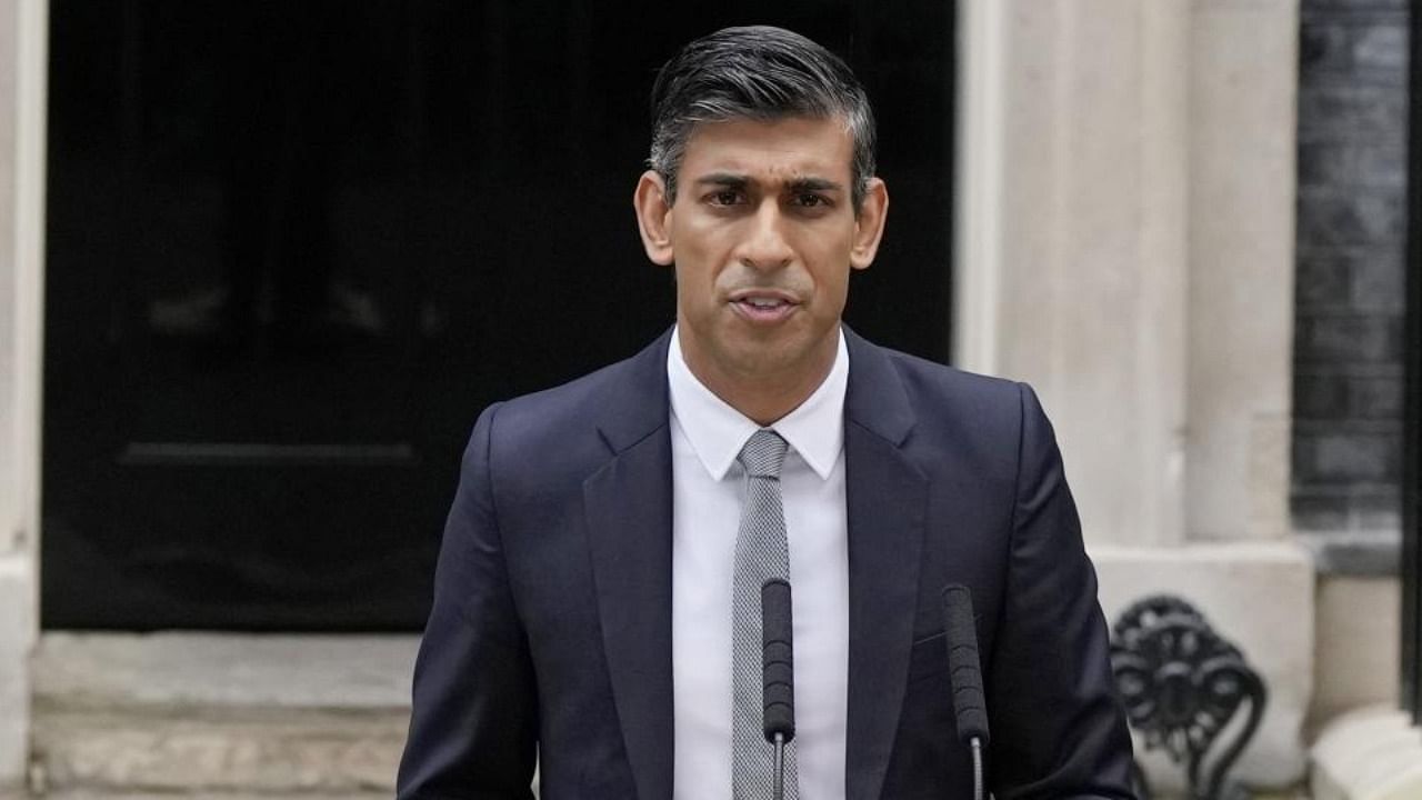 Prime Minister Rishi Sunak delivers a speech at Downing Street in London. Credit: AP File Photo