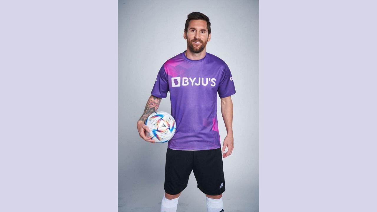 Argentinian footballer Lionel Messi poses for a photo after becoming the first global brand ambassador of edtech major BYJU's social impact arm 'Education For All'. Credit: PTI Photo