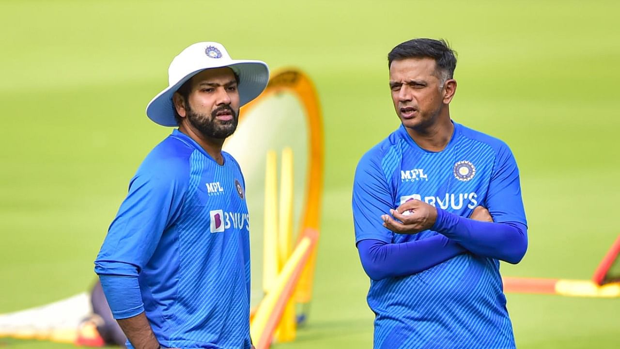 Within the Indian camp, there is a relaxed air that is testament to the kind of work put in behind the scenes by Rohit Sharma (left) and head coach Rahul Dravid. Credit: AFP file photo