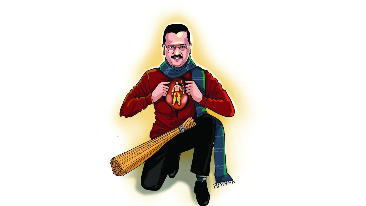 A quick recapitulation of some of Kejriwal’s locus in matters with a whiff of religious bent should give us a clue. Just ahead of Assembly elections in Delhi in 2020, he made a publicised visit to the Hanuman Mandir after reciting the chalisa. DH Illustration. Credit: Deepak Harichandan