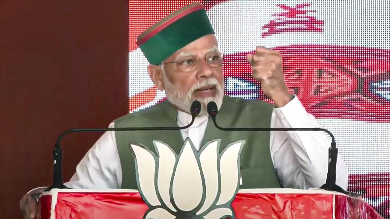 rime Minister Narendra Modi speaks during a public meeting ahead of the Himachal Pradesh Assembly elections, at Sundar Nagar in Mandi district. Credit: PTI Photo