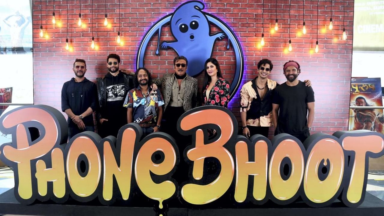 Bollywood film producers Ritesh Sidhwani (L) and Farhan Akhtar, actors Jackie Shroff, Katrina Kaif, Ishaan Khatter and Siddhant Chaturvedi during the trailer launch of their film ‘Phone Bhoot’, in Mumbai. Credit: PTI File Photo