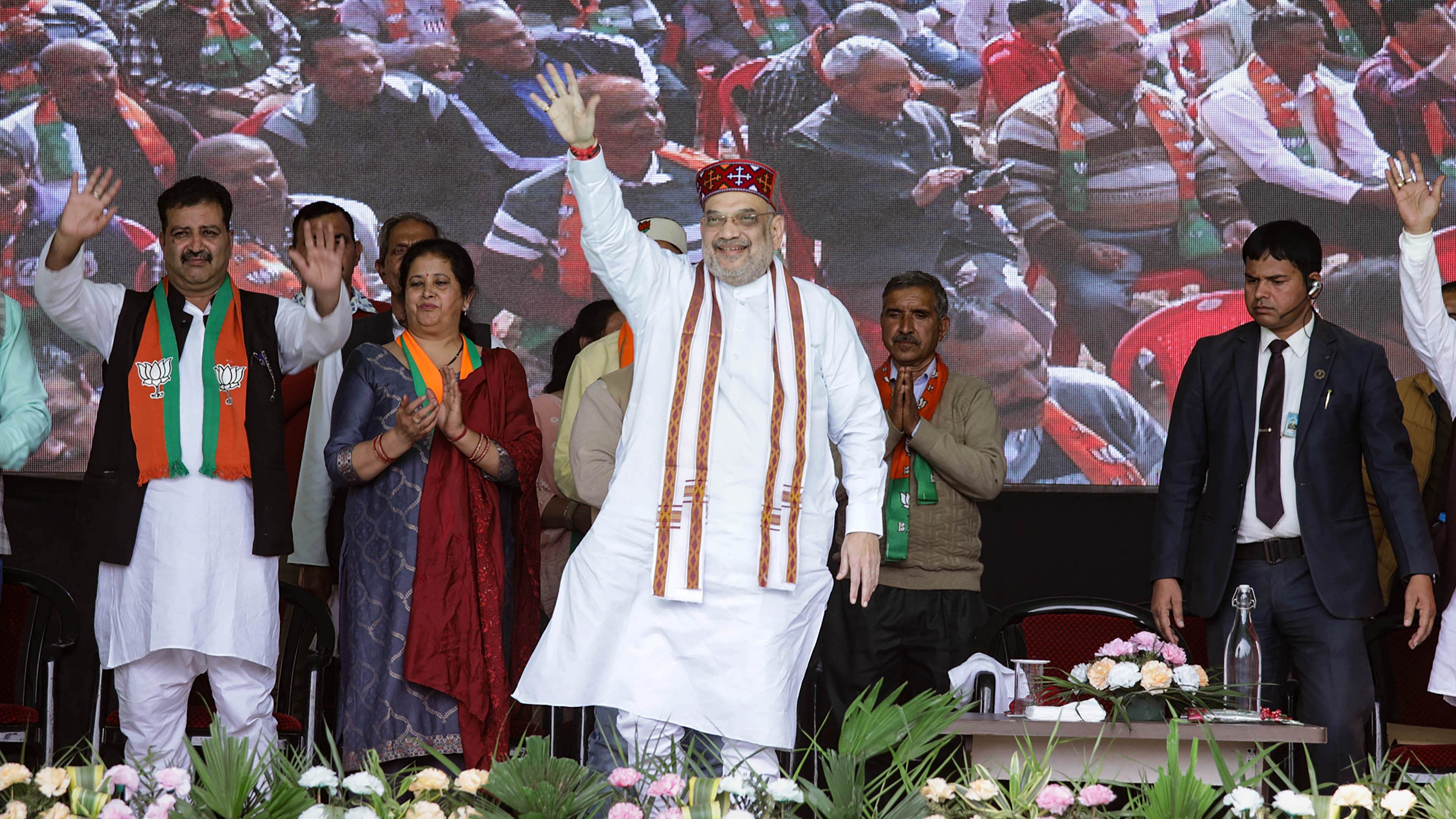 During an election rally at Nagrota in Kangra district earlier in the day, Shah claimed that the BJP will win both the lower and upper parts of Himachal Pradesh. Credit: PTI Photo