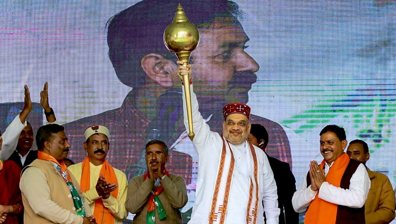 Union Home Minister Amit Shah during a public meeting for HP Assembly polls in Kangra district. Credit: PTI Photo