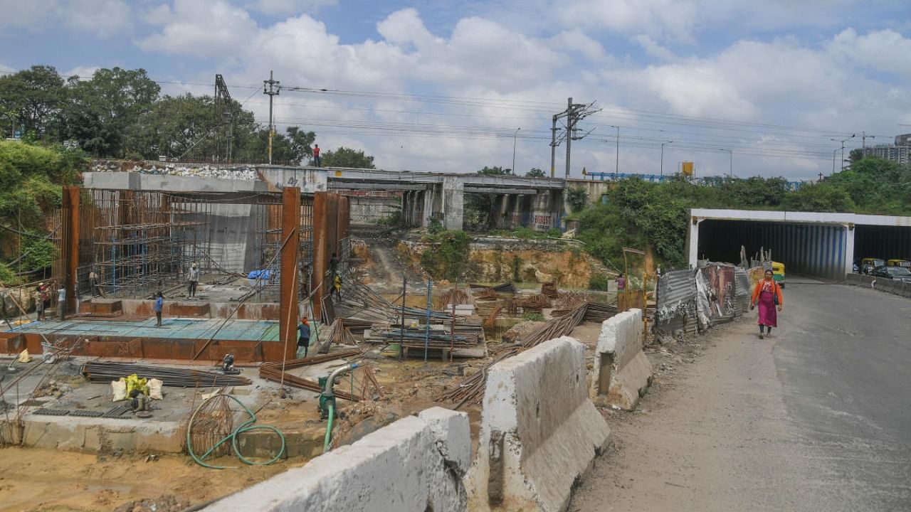 Work is underway for the signal-free corridor at the Okalipuram Junction. Credit: DH Photo/Kishor Kumar Bolar