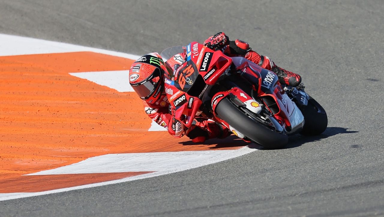 Ducati Italian rider Francesco Bagnaia competes during the Valencia MotoGP Grand Prix race at the Ricardo Tormo racetrack in Cheste, near Valencia, on November 6, 2022. Credit: AFP Photo