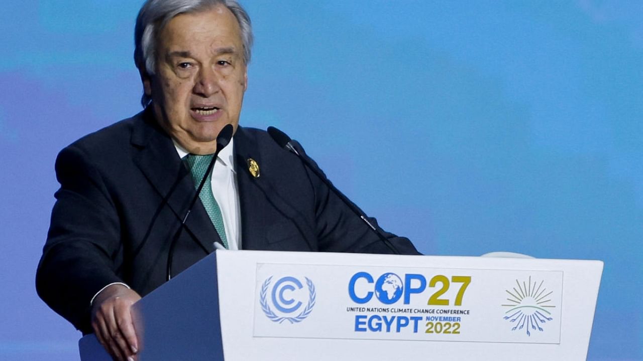 Secretary-General of the United Nations Antonio Guterres speaks during the COP27 climate summit. Credit: Reuters Photo