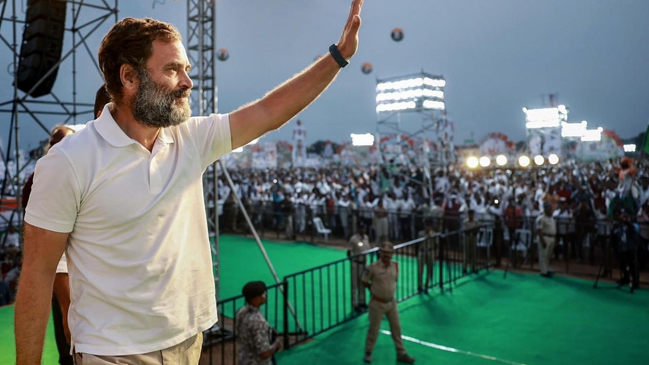 Congress leader Rahul Gandhi waves at supporters in Kamareddy. Credit: PTI Photo