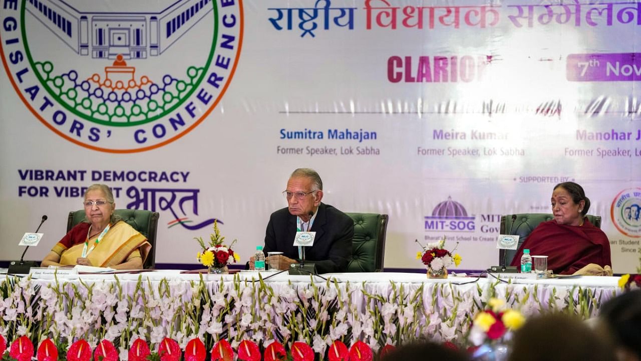 Former Lok Sabha speakers Sumitra Mahajan, Shivraj Patil and Meira Kumar during a round table discussion and clarion call for National Legislators' Conference (NLC) - 2023, in New Delhi. Credit: PTI Photo