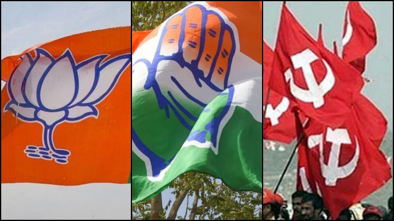 The BJP, Congress, and CPI(M) flags. Credit: PTI Photos, Special Arrangement