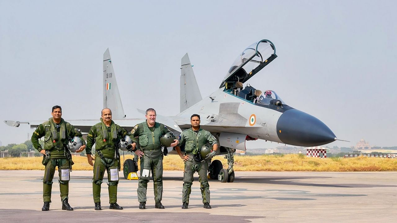 Chief of Air Staff Air Chief Marshal V R Chaudhari with Chief of French Air & Space Force General Stéphane Mille during 'Garuda VII', a bilateral exercise of Indian Air Force and French Air & Space Force, in Jodhpur, Tuesday, Nov 8, 2022. Credit: PTI Photo