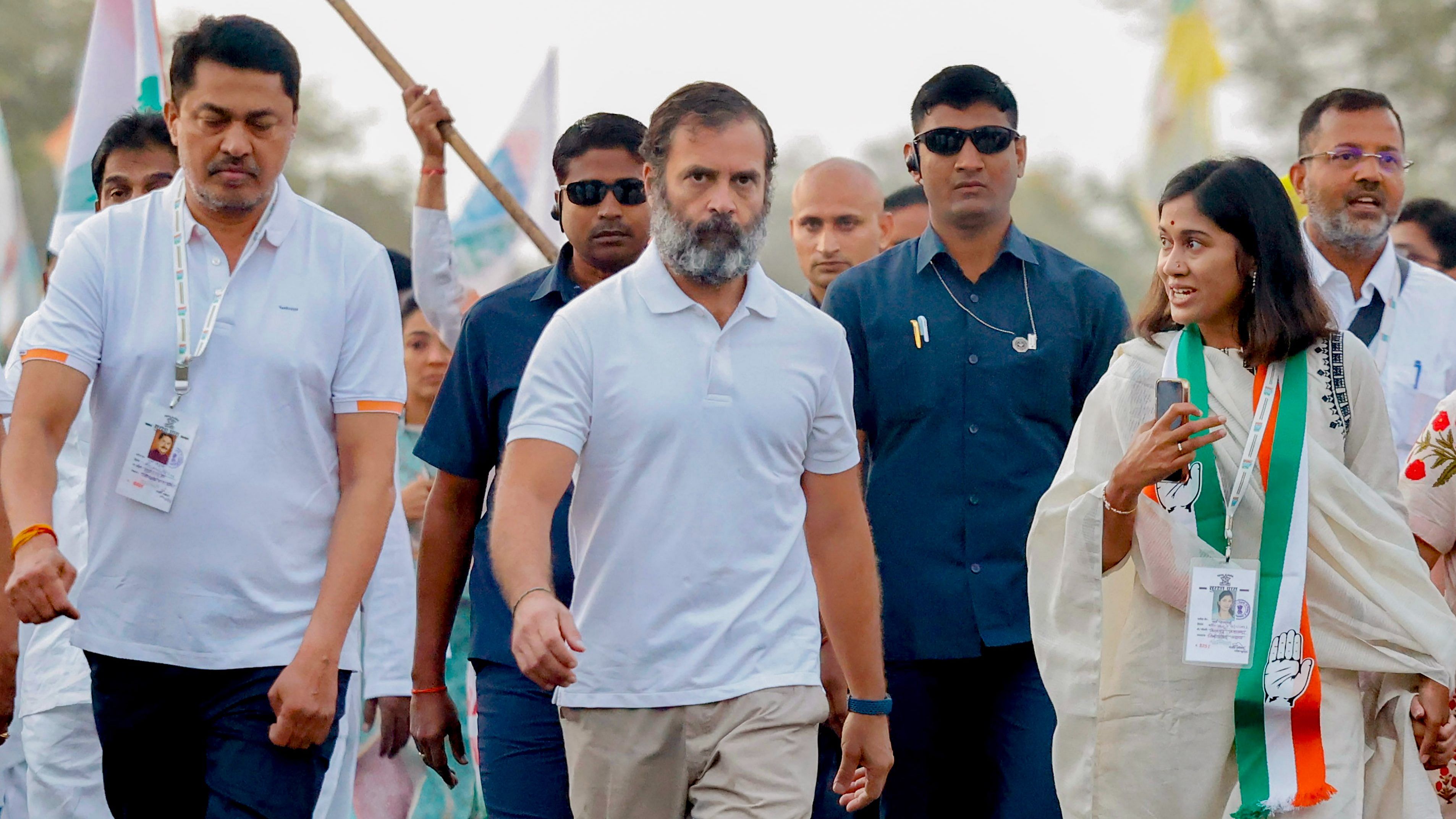 Rahul Gandhi with supporters during the 'Bharat Jodo Yatra' in Nanded. Credit: PTI Photo