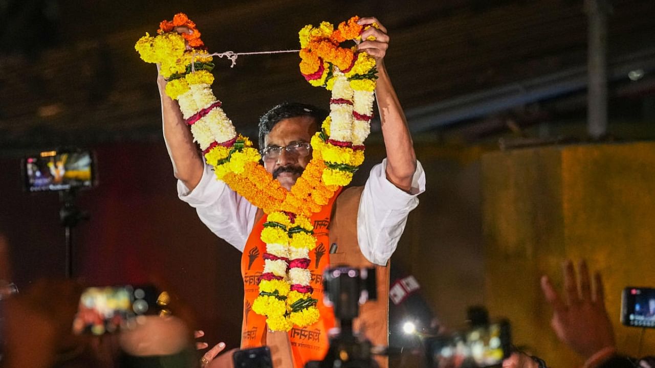 Shiv Sena (Uddhav Balasaheb Thackeray) leader Sanjay Raut being welcomed by supporters following his release from Arthur Road Jail, in Mumbai. Credit: PTI Photo