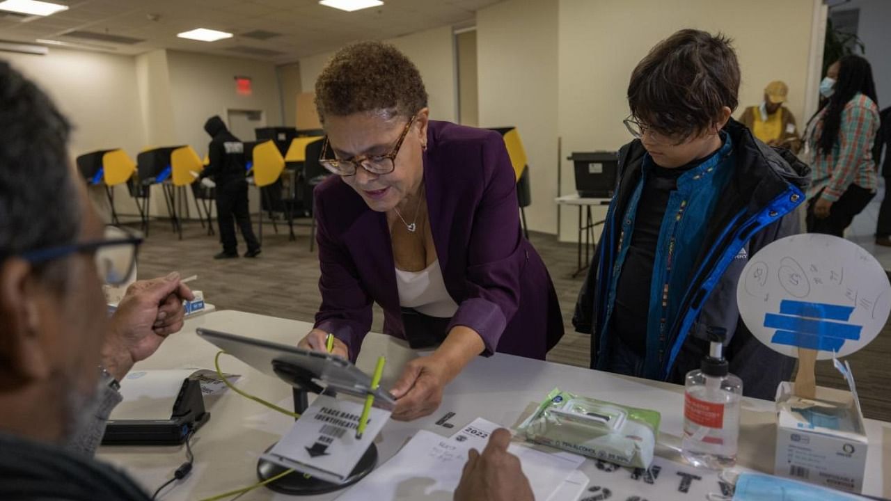 Los Angeles mayoral candidate Rep. Karen Bass checks in to vote in Los Angeles, California. Credit: AFP Photo
