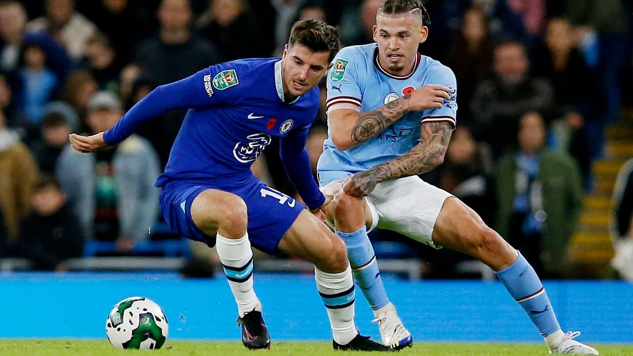 Chelsea's Mason Mount in action against Manchester City's Kalvin Phillips. Credit: Reuters Photo