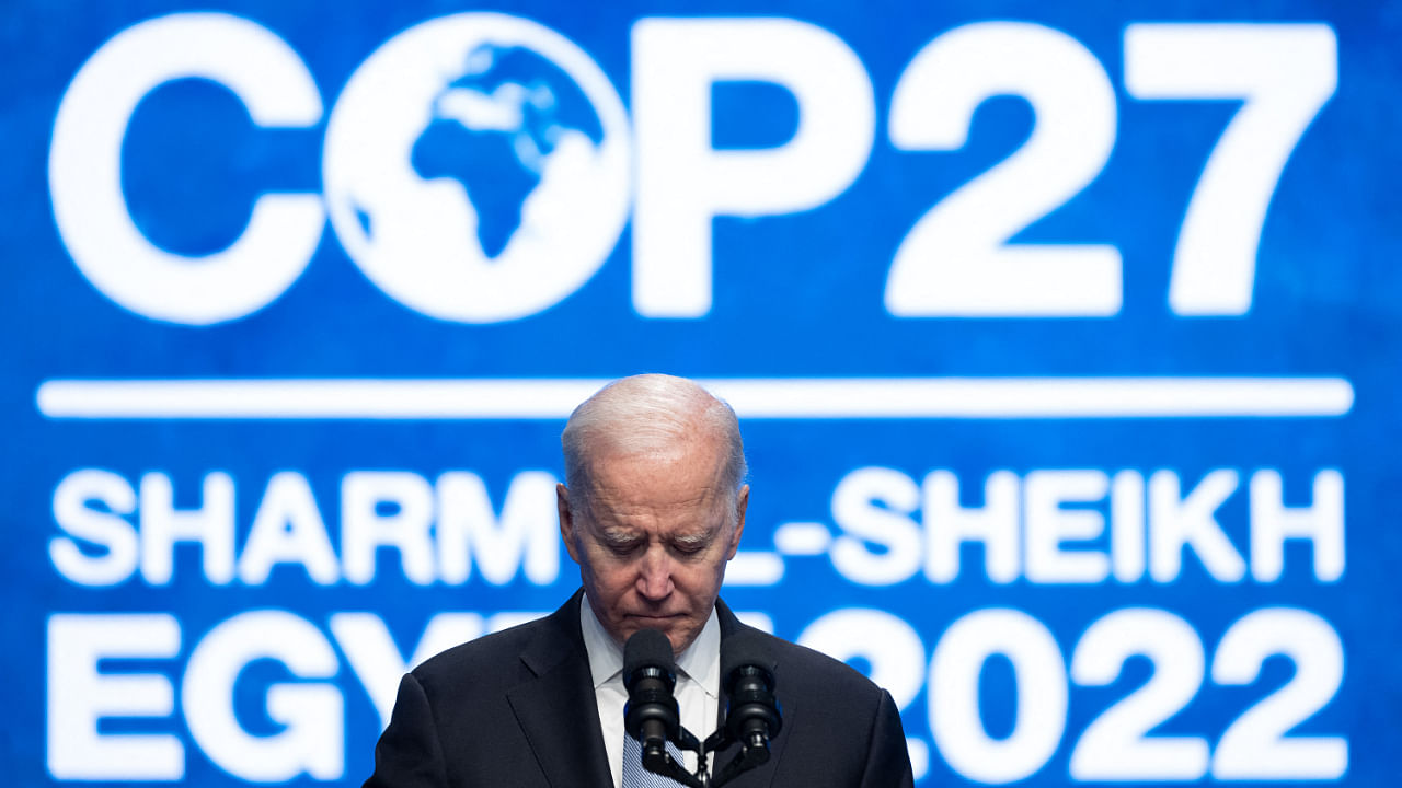 US President Joe Biden delivers a speech during the COP27 climate conference in Egypt's Red Sea resort city of Sharm el-Sheikh, on November 11. Credit: AFP Photo