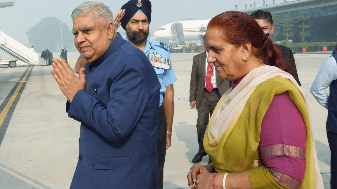 Vice President Jagdeep Dhankhar with his wife Sudesh Dhankhar being seen off by dignitaries as he departs for Cambodia to attend the ASEAN-India Commemorative Summit and the 17th East Asia Summit. Credit: PTI Photo