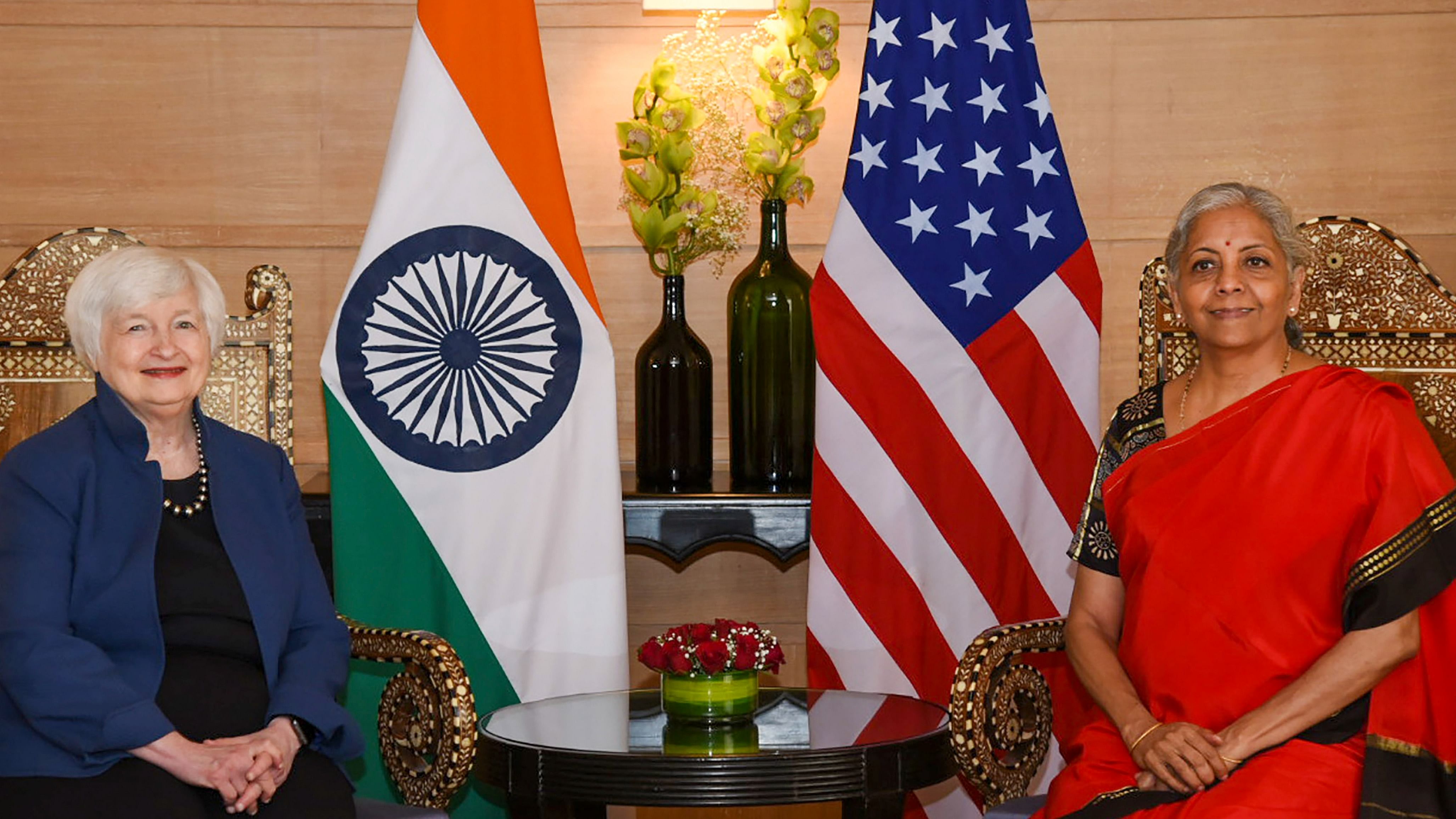 Finance Minister Nirmala Sitharaman with US Secretary of Treasury Janet L Yellen during a meeting, in New Delhi. Credit: PTI Photo