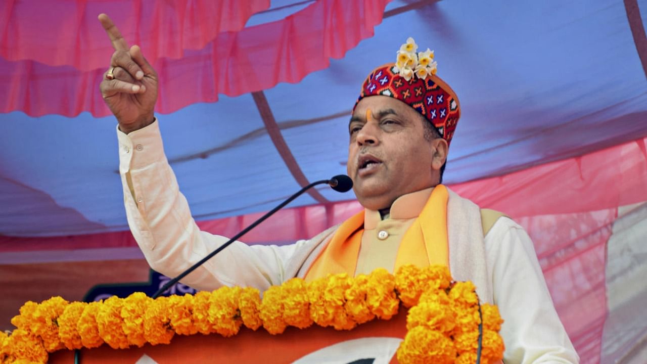 Himachal Pradesh Chief Minister and BJP leader Jai Ram Thakur addresses an election campaign rally ahead of Himachal Pradesh Assembly elections, in Kullu. Credit: PTI Photo