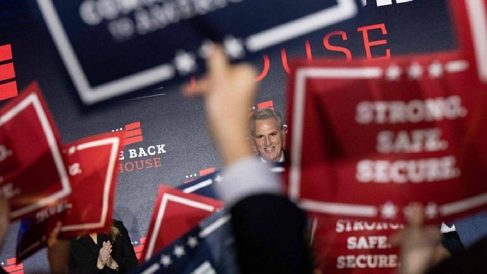 People cheer as House Minority Leader Kevin McCarthy speaks at his election night watch party after midterm elections. Credit: AFP Photo