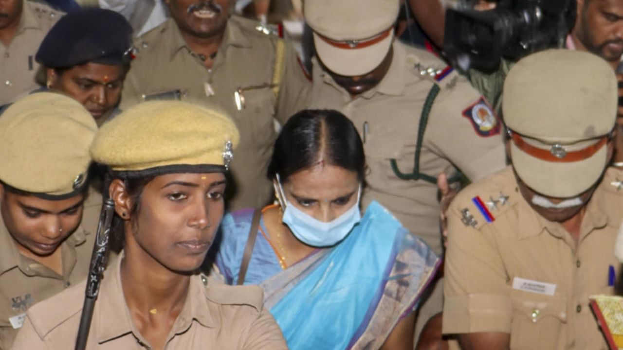 Nalini Sriharan, one of the seven convicts in the Rajiv Gandhi assassination case, arrives at Katpadi police station in Vellore. Photo Credit: PTI Photo