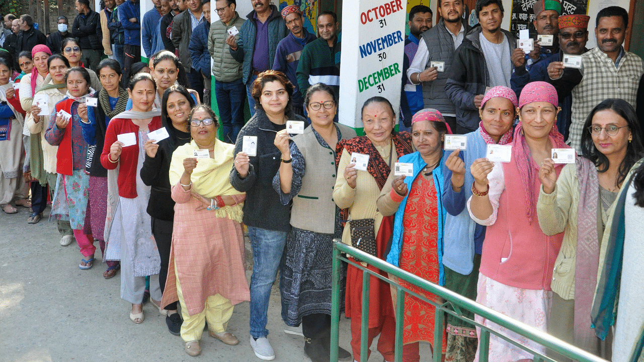 Seraj constituency in Mandi district from where Chief Minister Jairam Thakur is contesting and Sujanpur recorded 74 per cent polling. Credit: PTI Photo