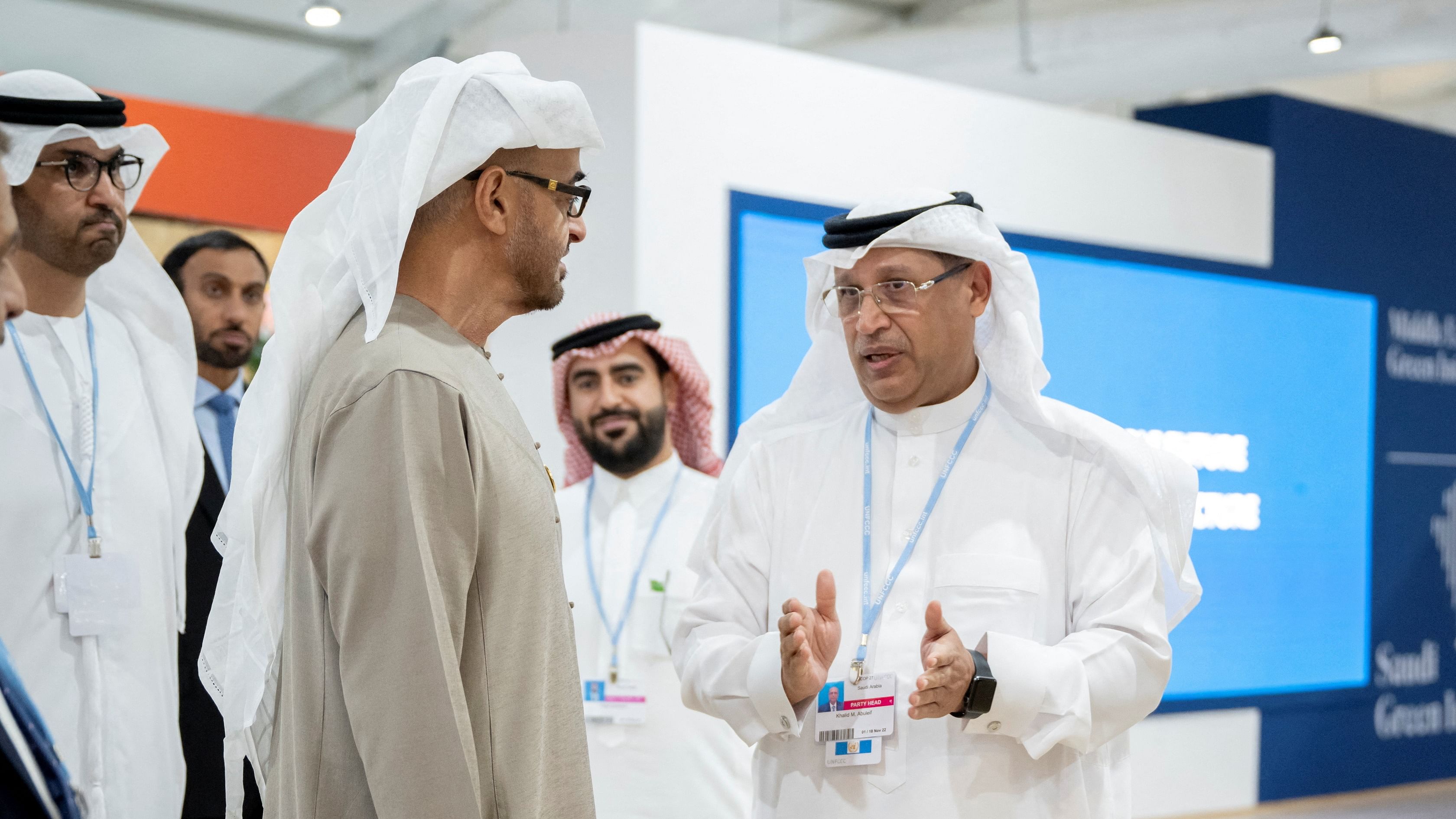 United Arab Emirates' President Sheikh Mohammed bin Zayed al-Nahyan and UAE's Industry Minister Sultan Ahmed Al Jaber visit the Saudi Arabia Pavilion, during COP27 climate conference at the Sharm El-Sheikh International Convention Center. Credit: Reuters Photo