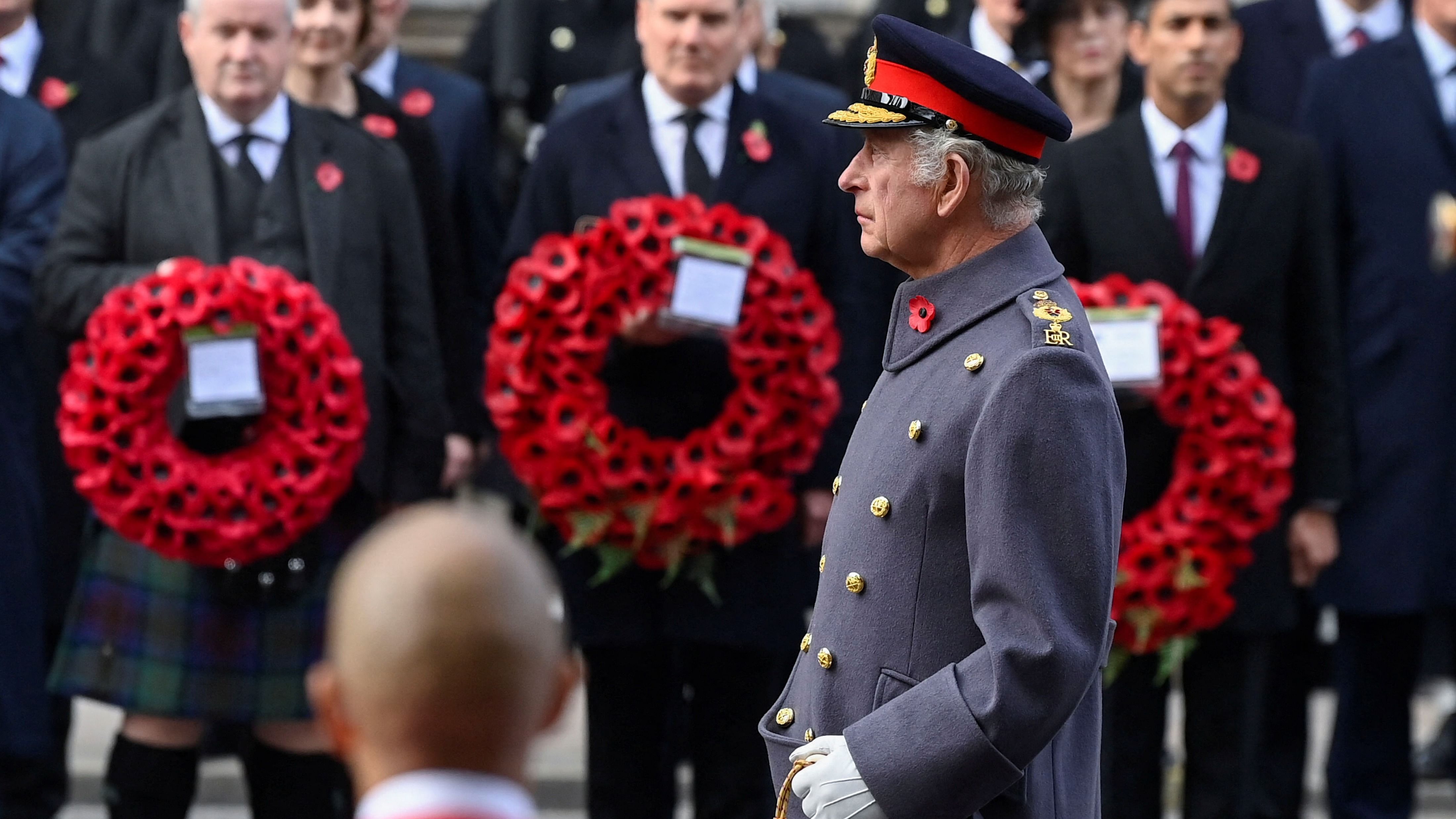 Now king and commander-in-chief of British forces, he laid his first wreath at the war memorial as reigning monarch, dressed in a field marshal's ceremonial uniform. Credit: AFP Photo