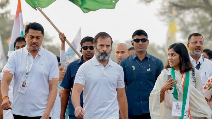 Congress leader Rahul Gandhi with supporters during the 'Bharat Jodo Yatra' in Nanded district. Credit: PTI Photo