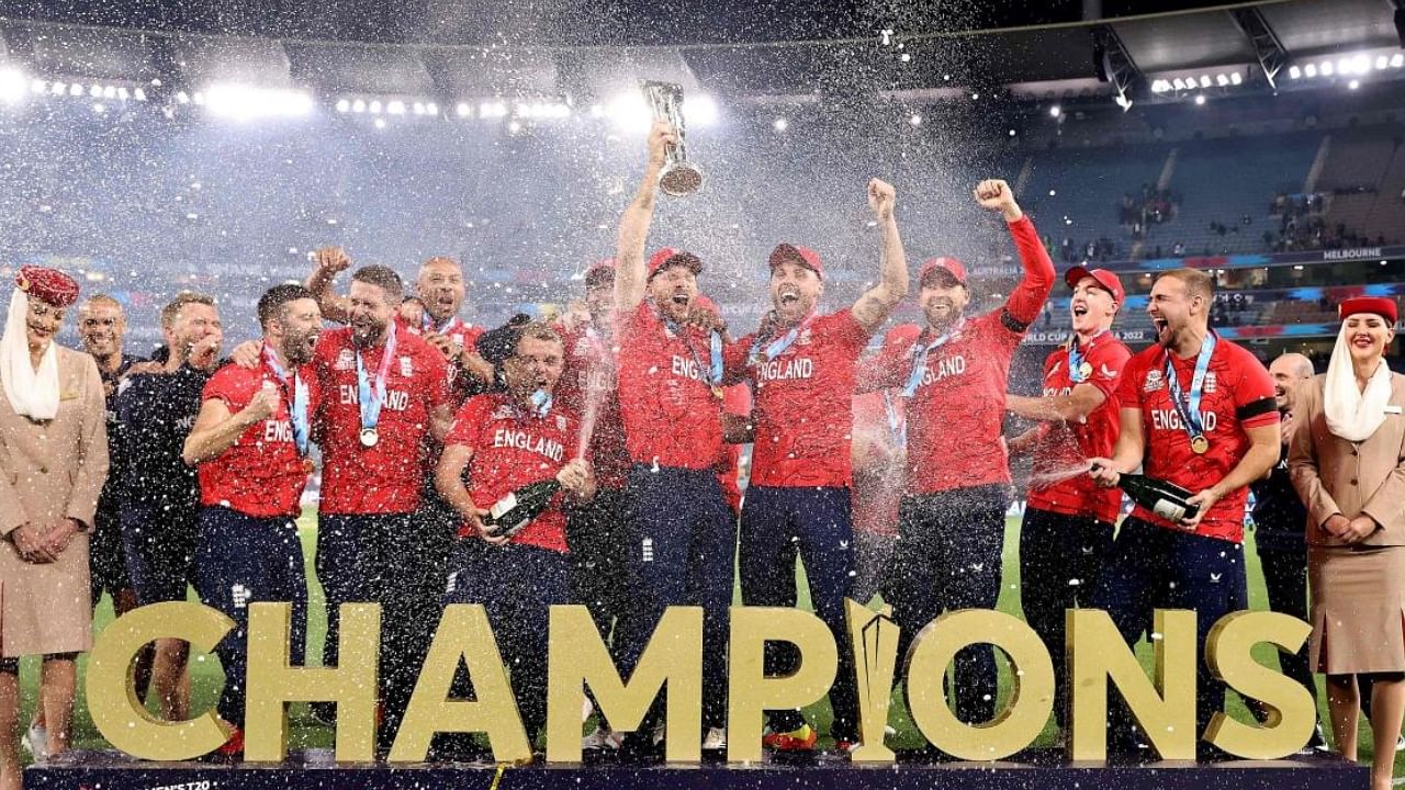 England players celebrate winning the ICC men's Twenty20 World Cup 2022. Credit: AFP Photo