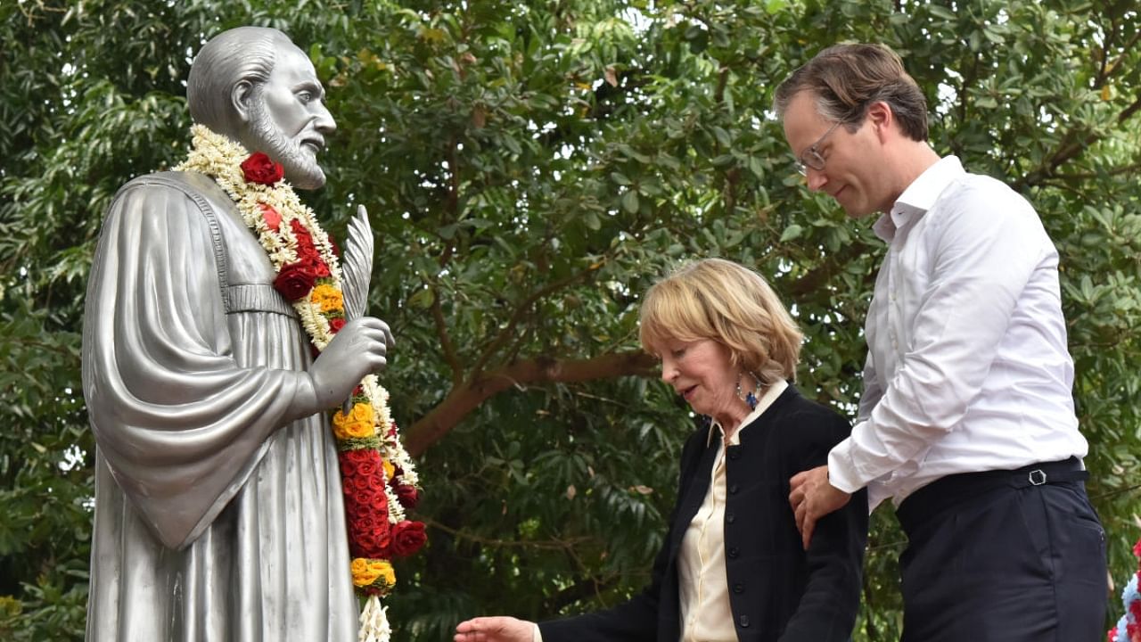 Kannada lexicographer and grammarian Rev Dr Ferdinand Kittel's statue was unveiled on Saturday by Kittel's nieces Almuth Barbara Elenore Meier of Germany and Kittel's grandson Y Patrick Meier at the premises of Karnataka Theological College, Balmath in the city. Credit: DH Photo/Fakhruddin H