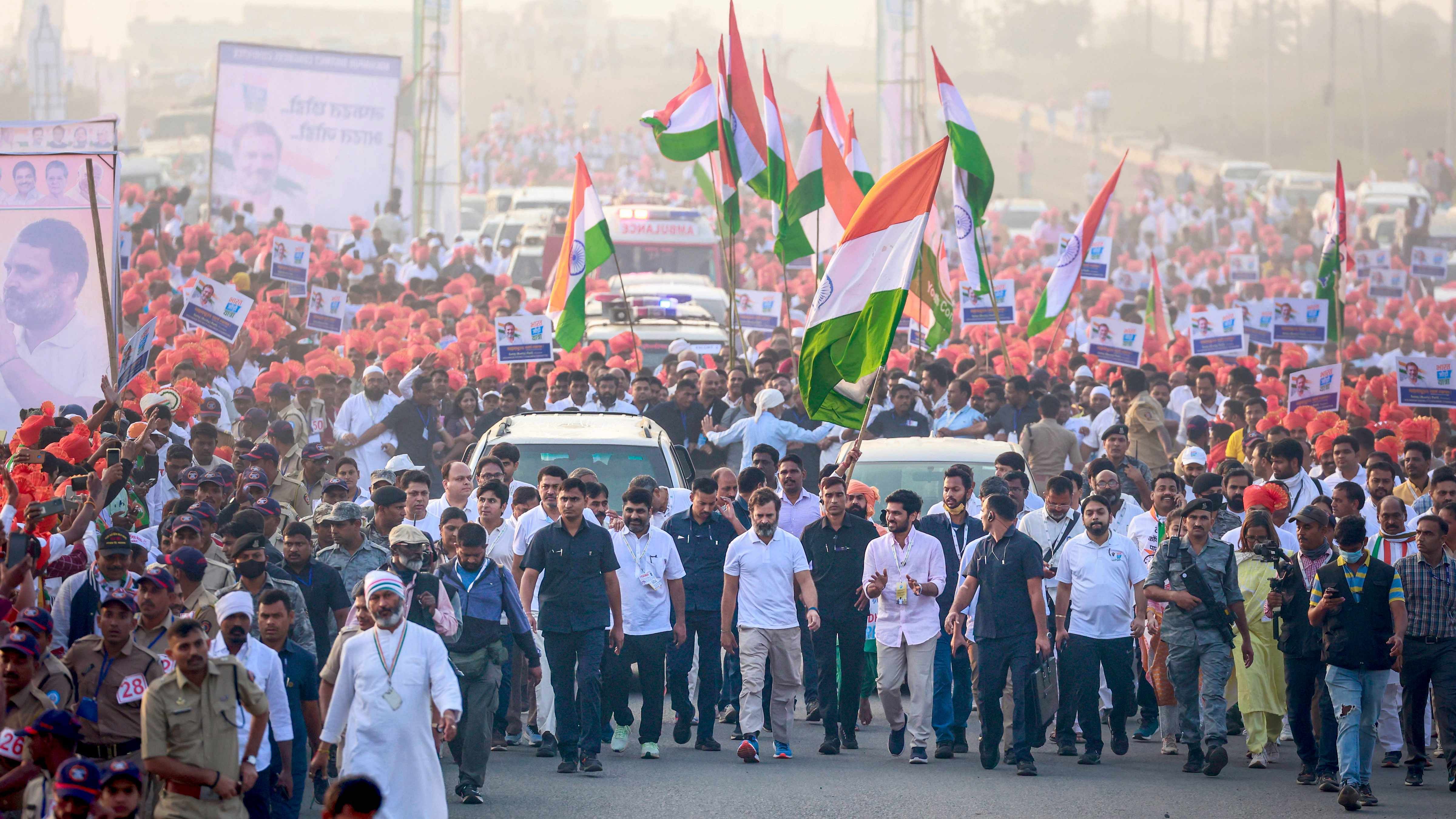 Congress leader Rahul Gandhi with supporters during the party's 'Bharat Jodo Yatra', in Hingoli. Credit: PTI Photo