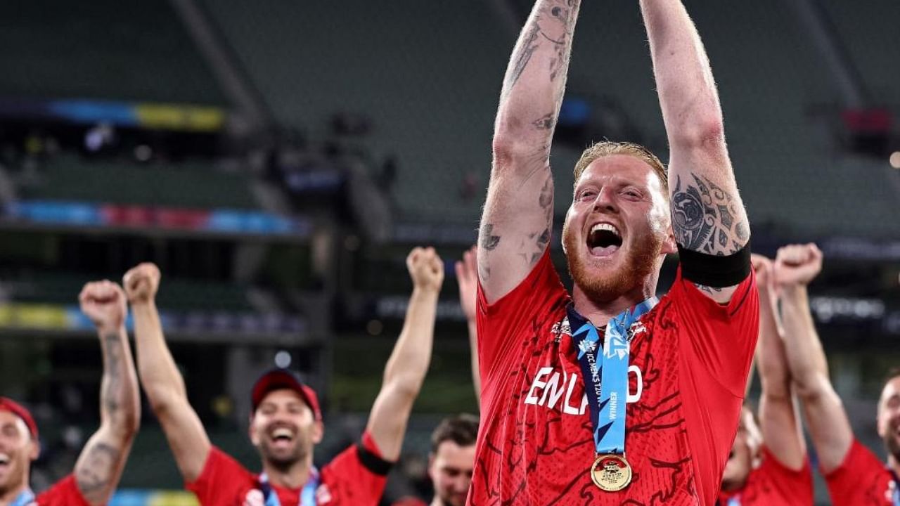 England's Ben Stokes celebrates with the trophy during the ICC men's Twenty20 World Cup 2022 Final between Pakistan and England at Melbourne Cricket Ground (MCG) in Melbourne. Credit: AFP Photo