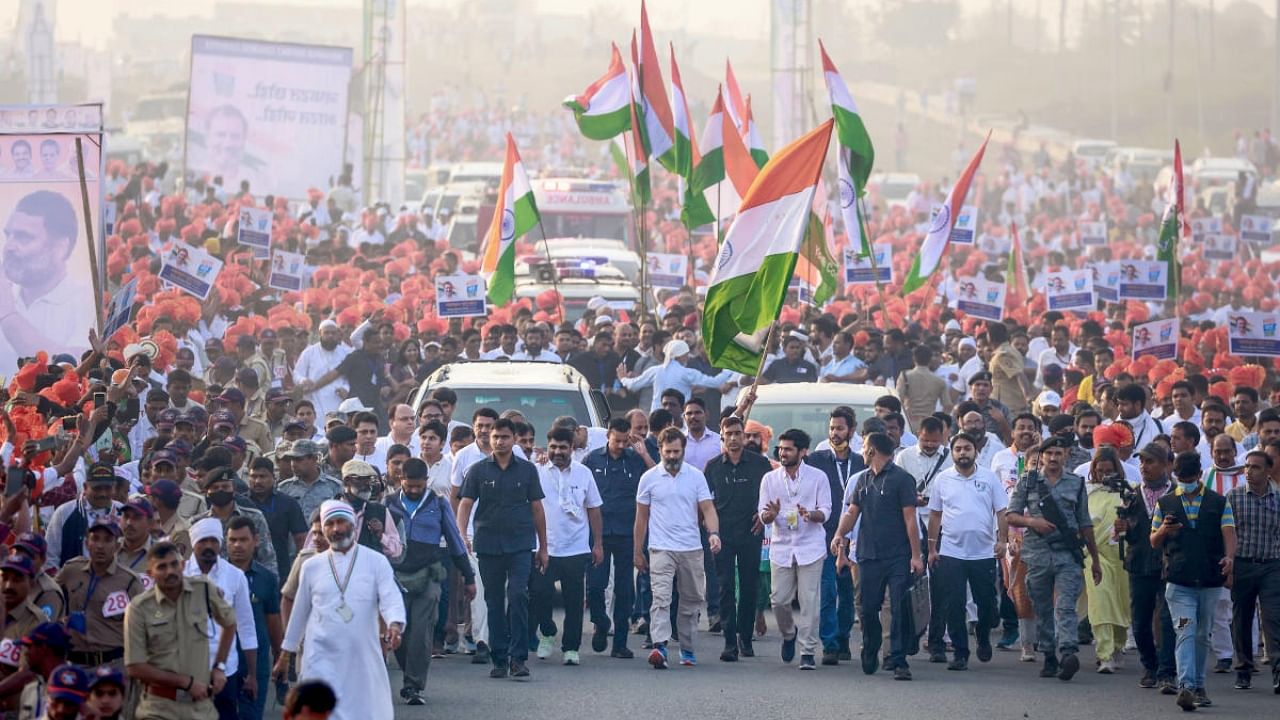 Congress leader Rahul Gandhi with supporters during the party's 'Bharat Jodo Yatra', in Hingoli district, Saturday, Nov. 12, 2022. Credit: PTI Photo