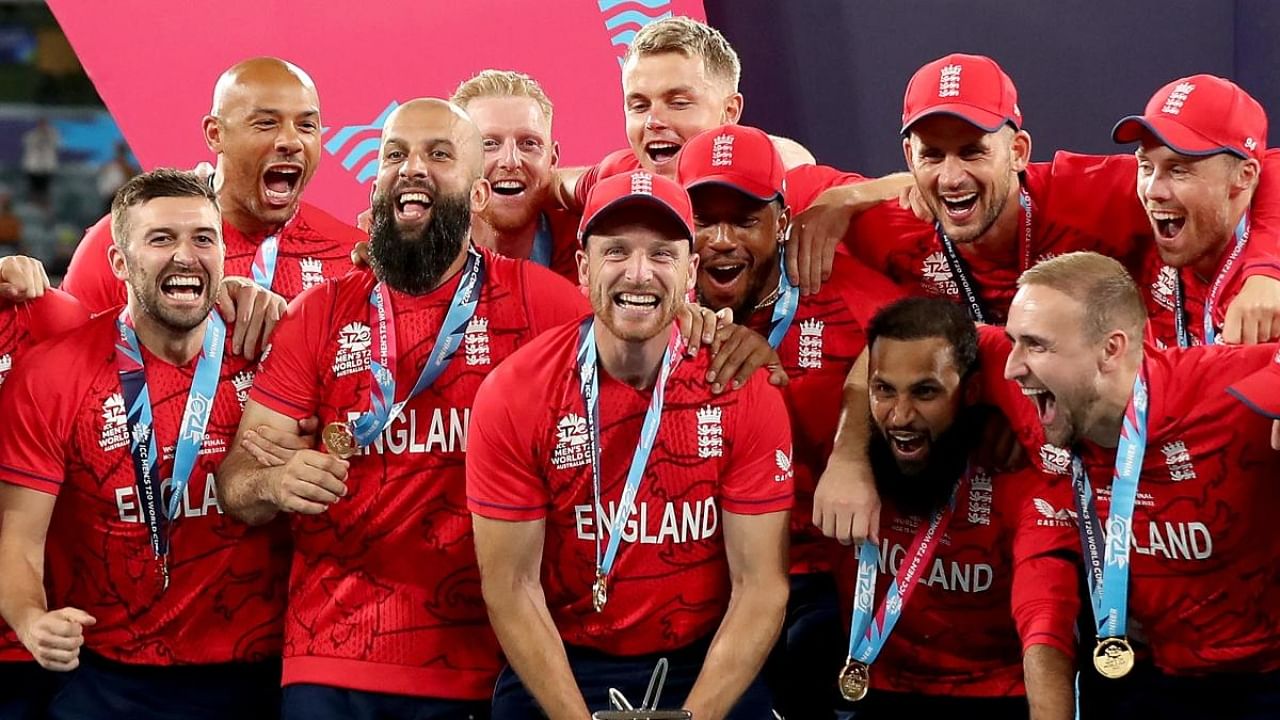 England players celebrate winning the ICC men's Twenty20 World Cup 2022 Final between Pakistan and England at Melbourne Cricket Ground (MCG) in Melbourne on November 13, 2022. Credit: AFP Photo