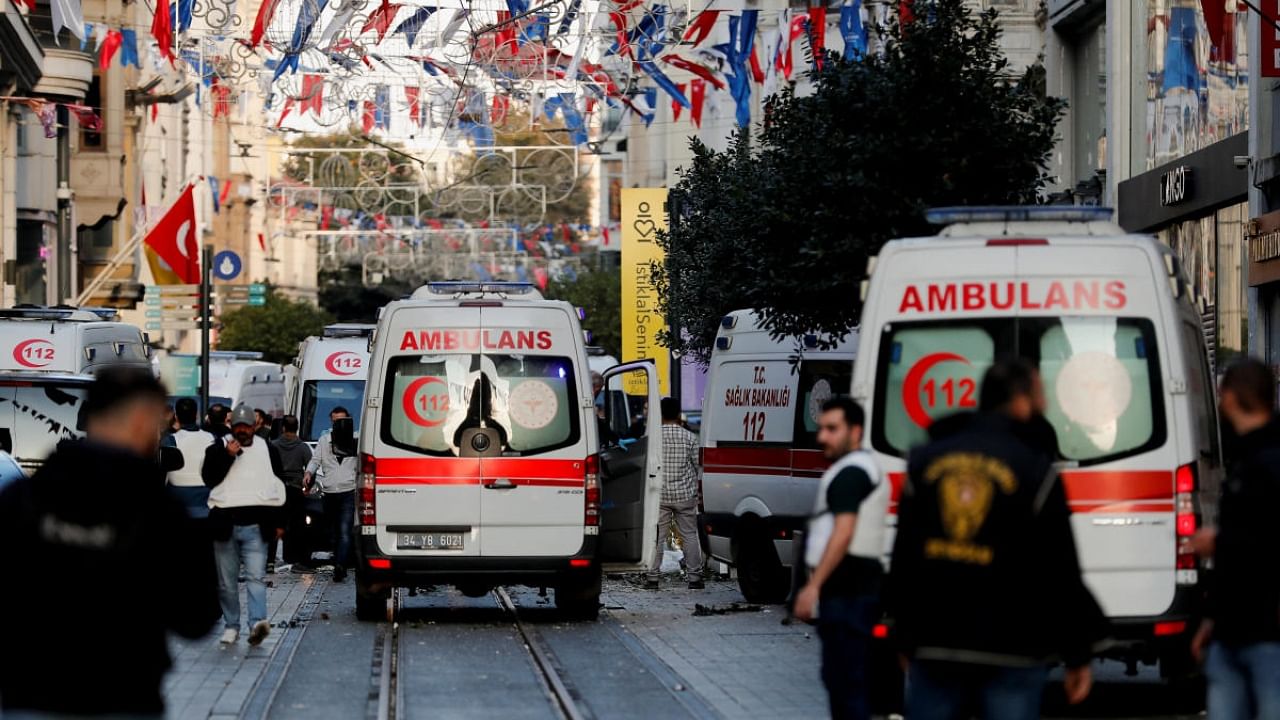 View of ambulances at the scene after an explosion on busy pedestrian Istiklal street in Istanbul. Credit: Reuters Photo