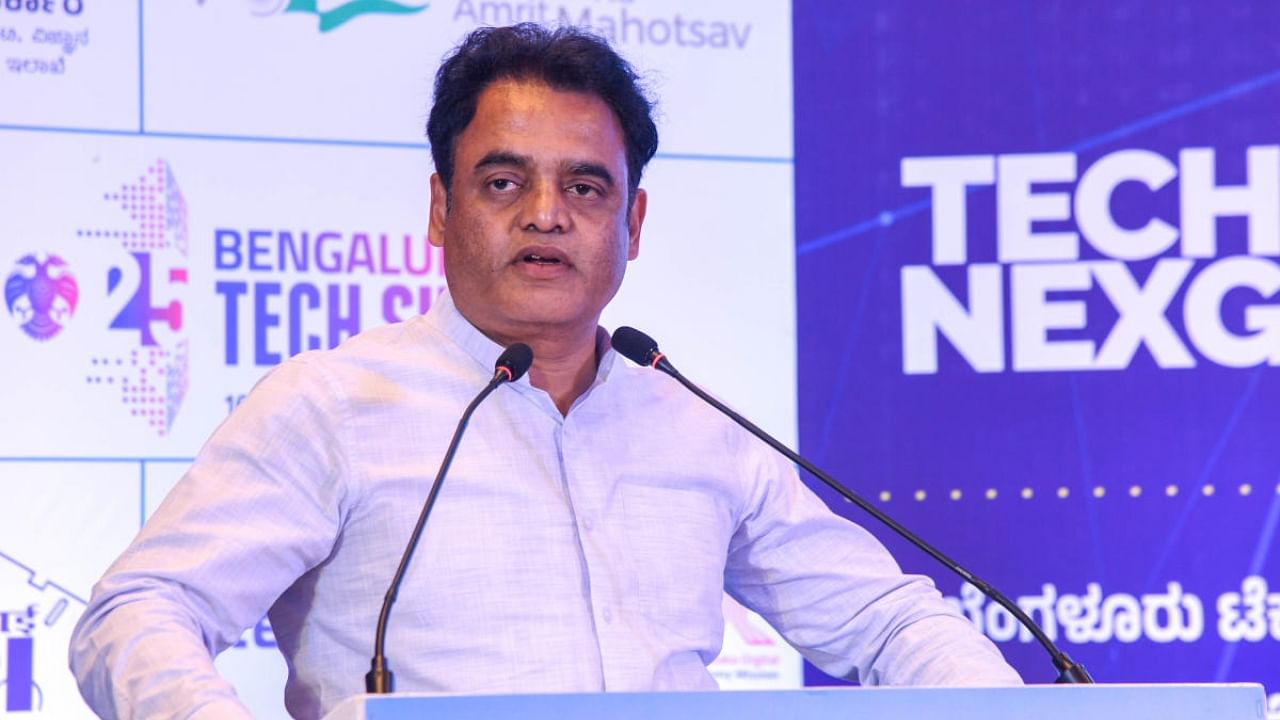 Dr C N Ashwath Narayan, Minister for Electronics, IT, Bt and S&T, Higher Education, Skill Development, Entrepreneurship & Livelihood, addressing the media during the  Bengaluru Tech Summit Curtain raiser event, at a hotel in Bengaluru on Tuesday. Credit: DH Photo/ B H Shivakumar