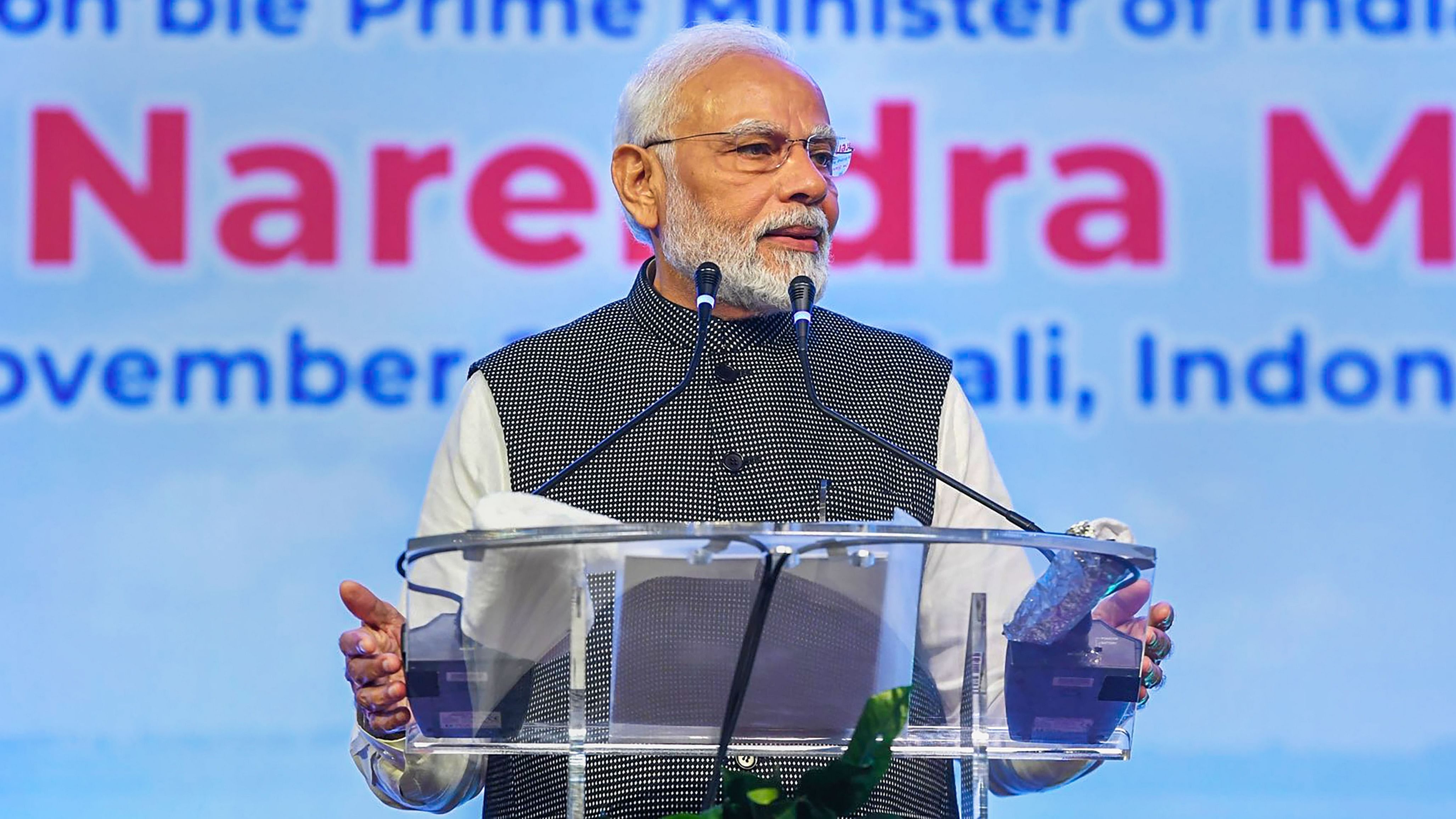 Narendra Modi addresses a community programme on the sidelines of the G20 Summit, in Bali. Credit: PTI Photo