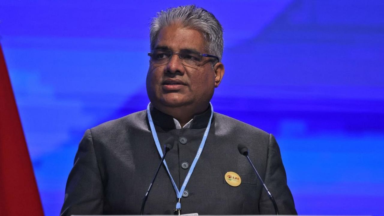 India's Minister of Environment Bhupender Yadav delivers a speech at the Sharm el-Sheikh International Convention Centre, in Egypt's Red Sea resort city of the same name, during the COP27 climate conference on November 15, 2022. Credit: AFP Photo