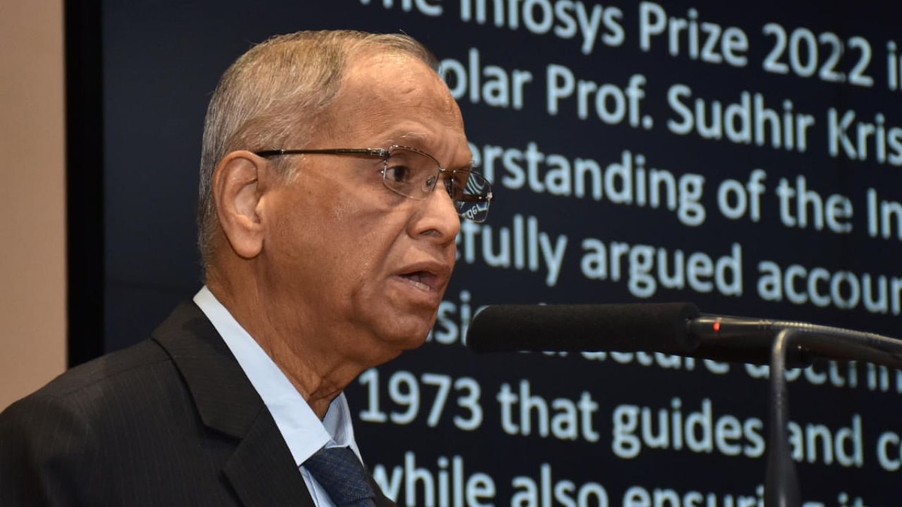 Infosys Founder and Infosys Science Foundation (ISF) Trustee Narayana Murthy addressing at a press conference to announce the winners of Infosys Prize 2022, in Bengaluru on Tuesday. Credit: DH Photo/ B K Janardhan