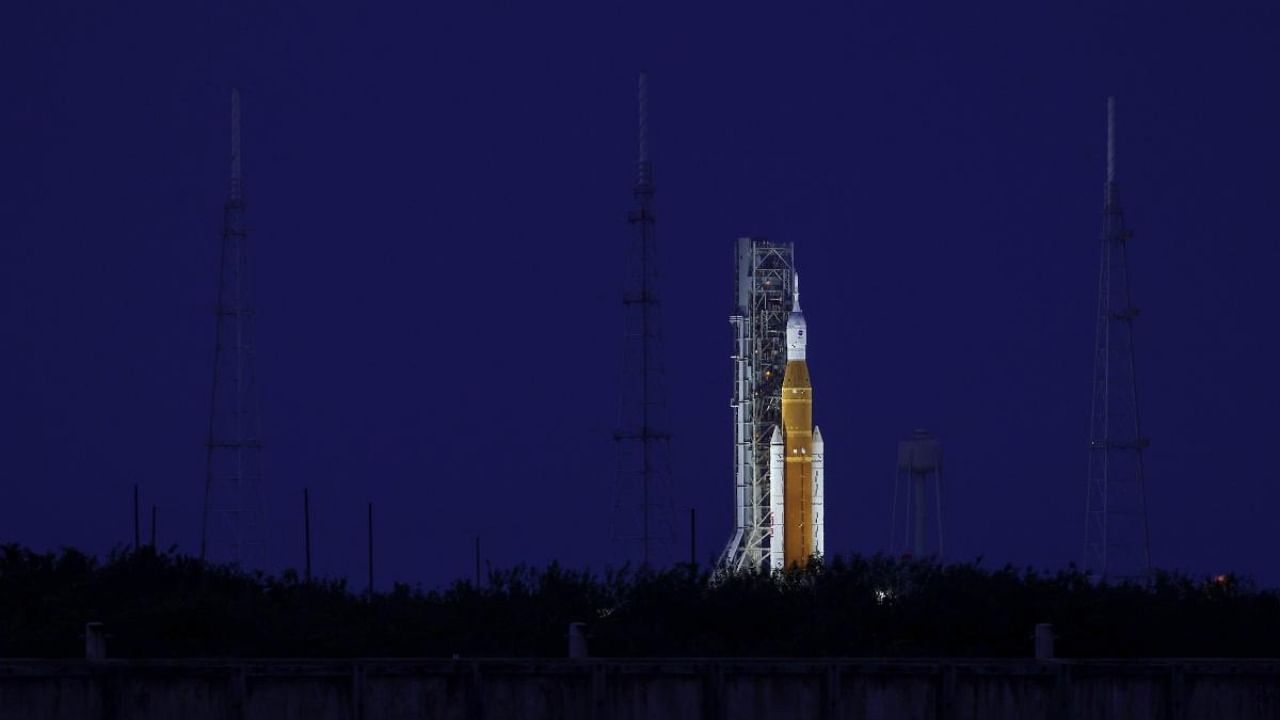 NASA's Space Launch System (SLS) rocket with the Orion spacecraft attached sits on launch pad 39B as final preparations are made for the Artemis I mission at NASA's Kennedy Space Center on November 15, 2022 in Cape Canaveral, Florida. Credit: AFP Photo