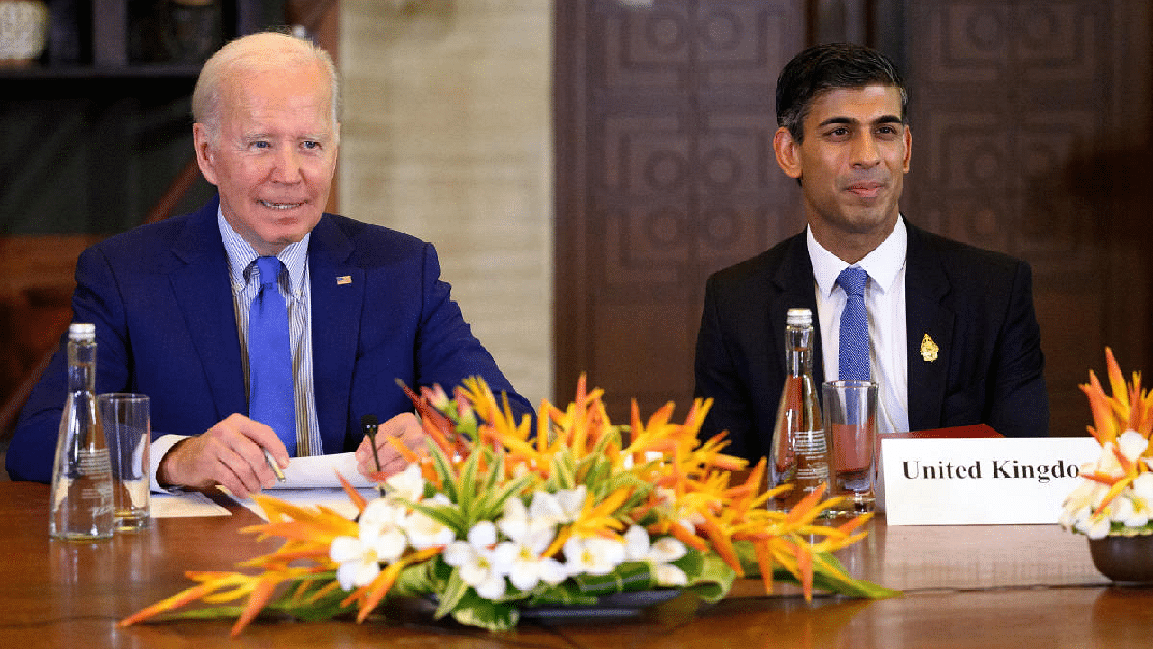 US President Joe Biden and British PM Rishi Sunak attend a meeting of leaders at the G20 summit. Credit: Reuters Photo