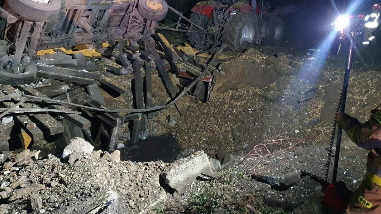 A damaged vehicle lies next to a crater formed at the site of an explosion in Przewodow, a village in eastern Poland near the border with Ukraine, in this photograph obtained by Reuters on November 16, 2022. Credit: Reuters Photo