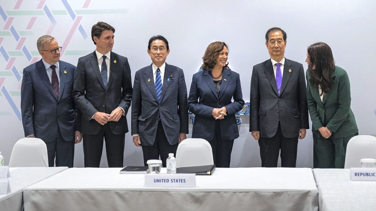 US Vice President Kamala Harris holds an emergency meeting with Japanese PM Fumio Kishida, South Korean PM Han Duck-soo, Australian PM Anthony Albanese, New Zealand's PM Jacinda Ardern, and Canadian PM Justin Trudeau, to discuss North Korea's recent ballistic missile launch during the APEC summit, Friday, Nov. 18, 2022, in Bangkok, Thailand. Credit: AP/PTI Photo