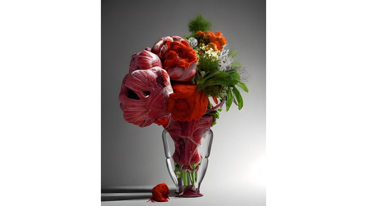 An AI Dutch bouquet created with flesh, bones and muscles by multidisciplinary artist Raghava KK. Credit: Special Arrangement