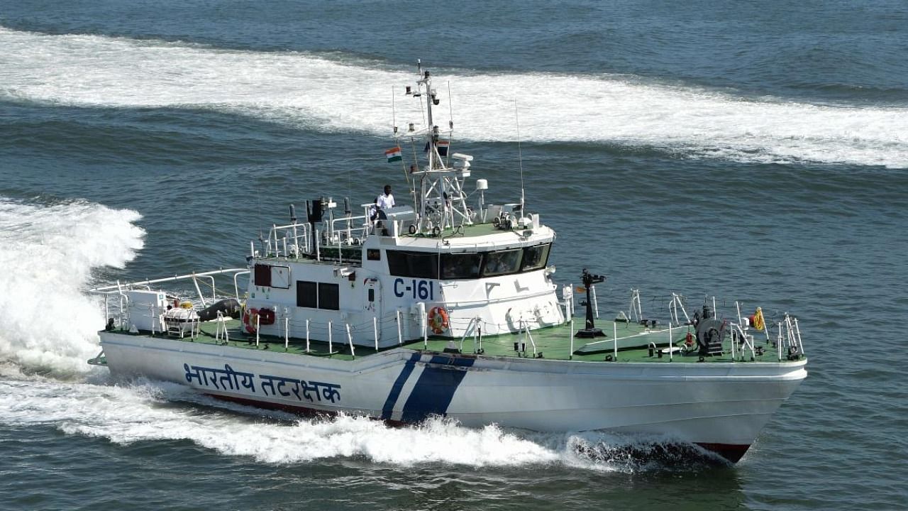 An Indian Coast Gaurd’s ship participates in a search and rescue drill in Probandar. Photo Credit: AFP Photo